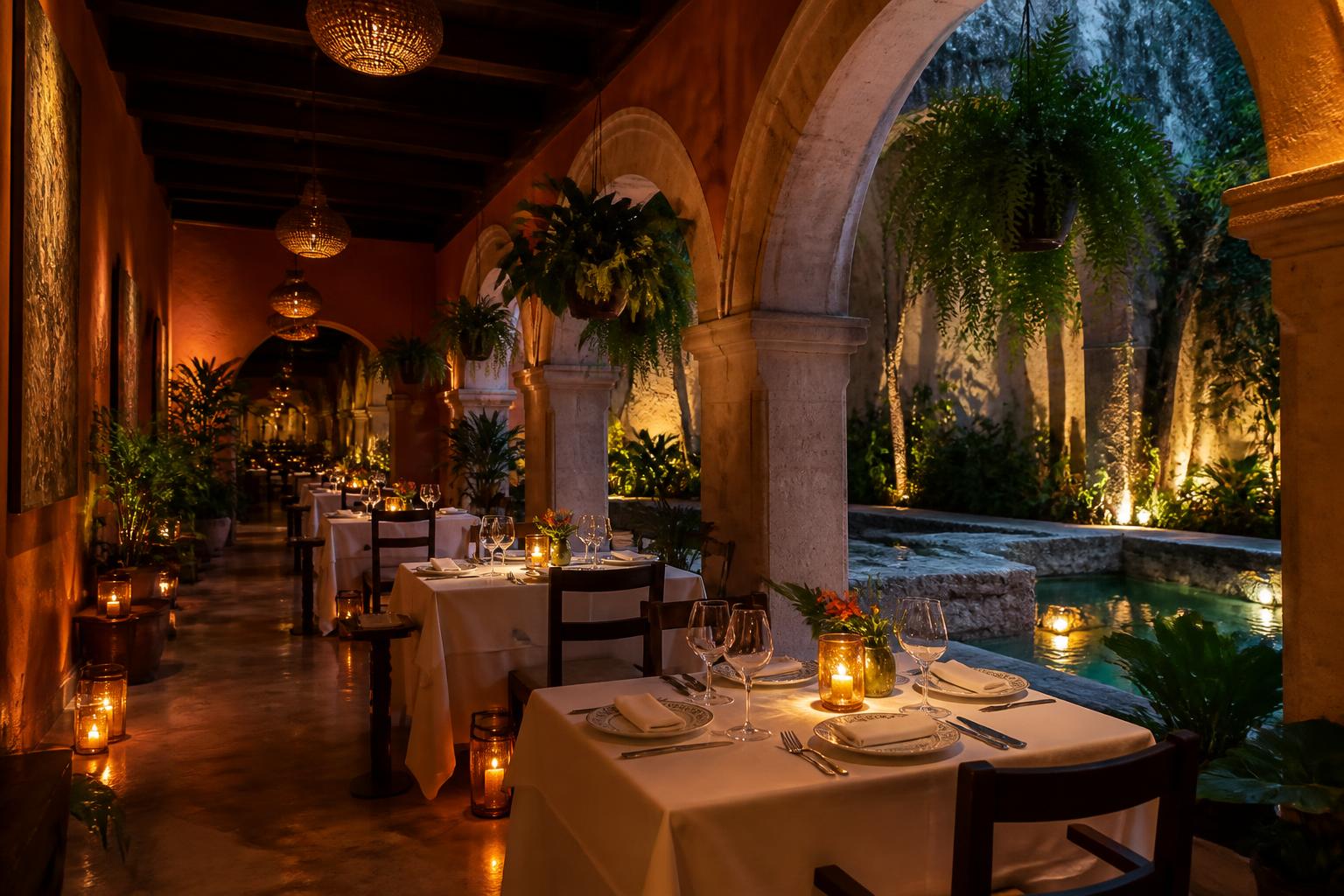 Comedor de restaurante colonial con mesas de madera, sillas tejidas y arcos de piedra iluminados con luz cálida