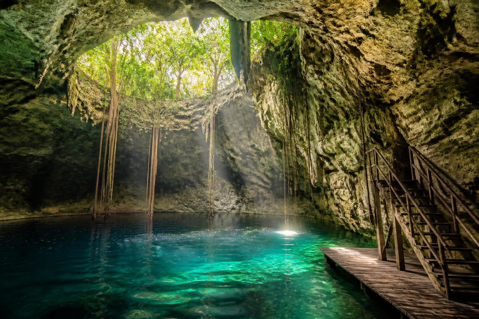 Cenote abierto de aguas turquesa en una caverna de piedra caliza con raíces colgantes y plataforma de madera cerca de Valladolid, Yucatán