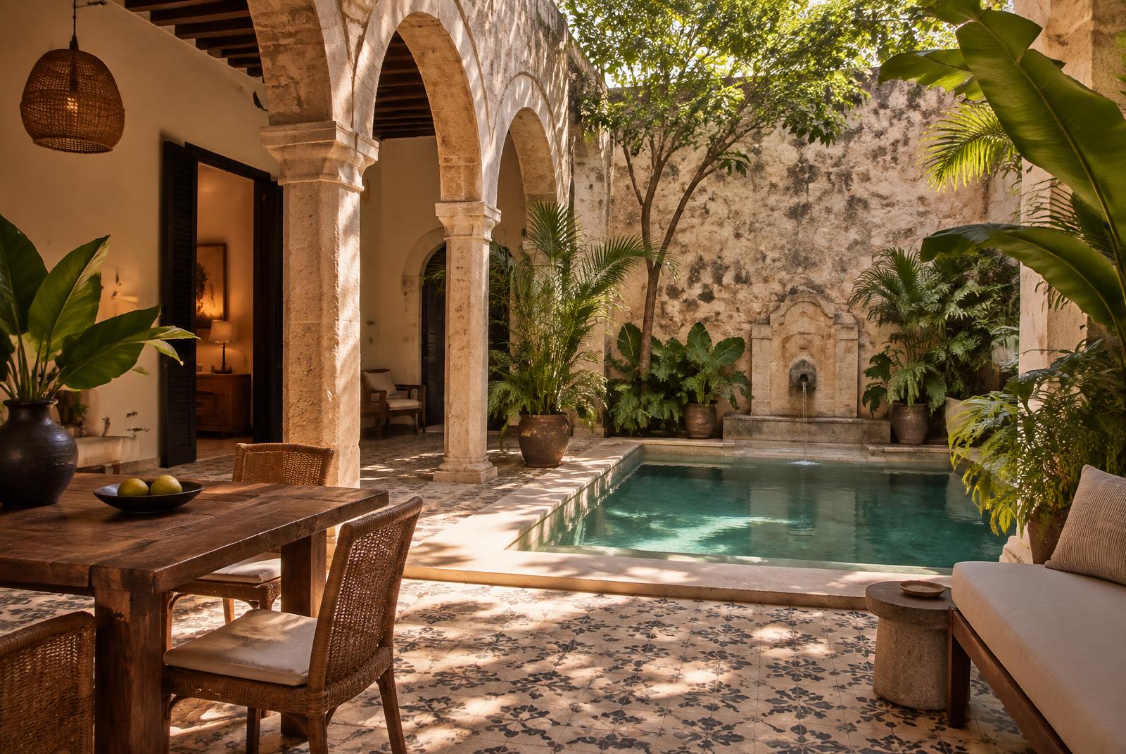 Patio colonial con alberca pequeña, arcos de piedra y mosaico de pasta en Valladolid, Yucatán