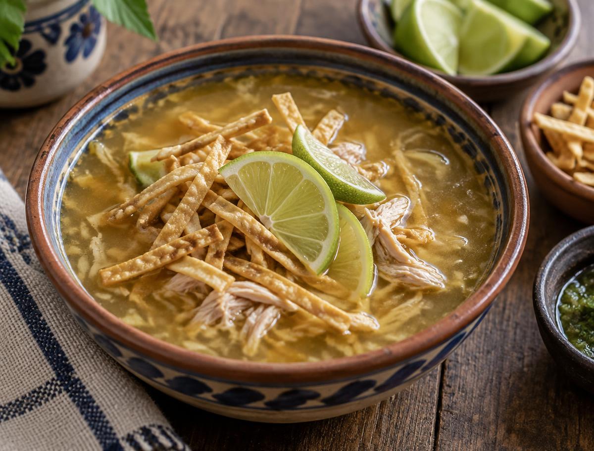 Sopa de lima con tiras de tortilla y lima de la región