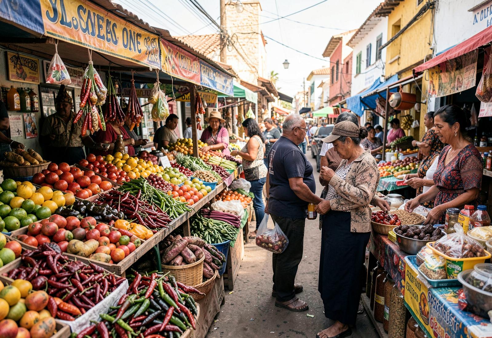 Representación conceptual generada con IA de un mercado municipal yucateco con puestos de frutas y chiles