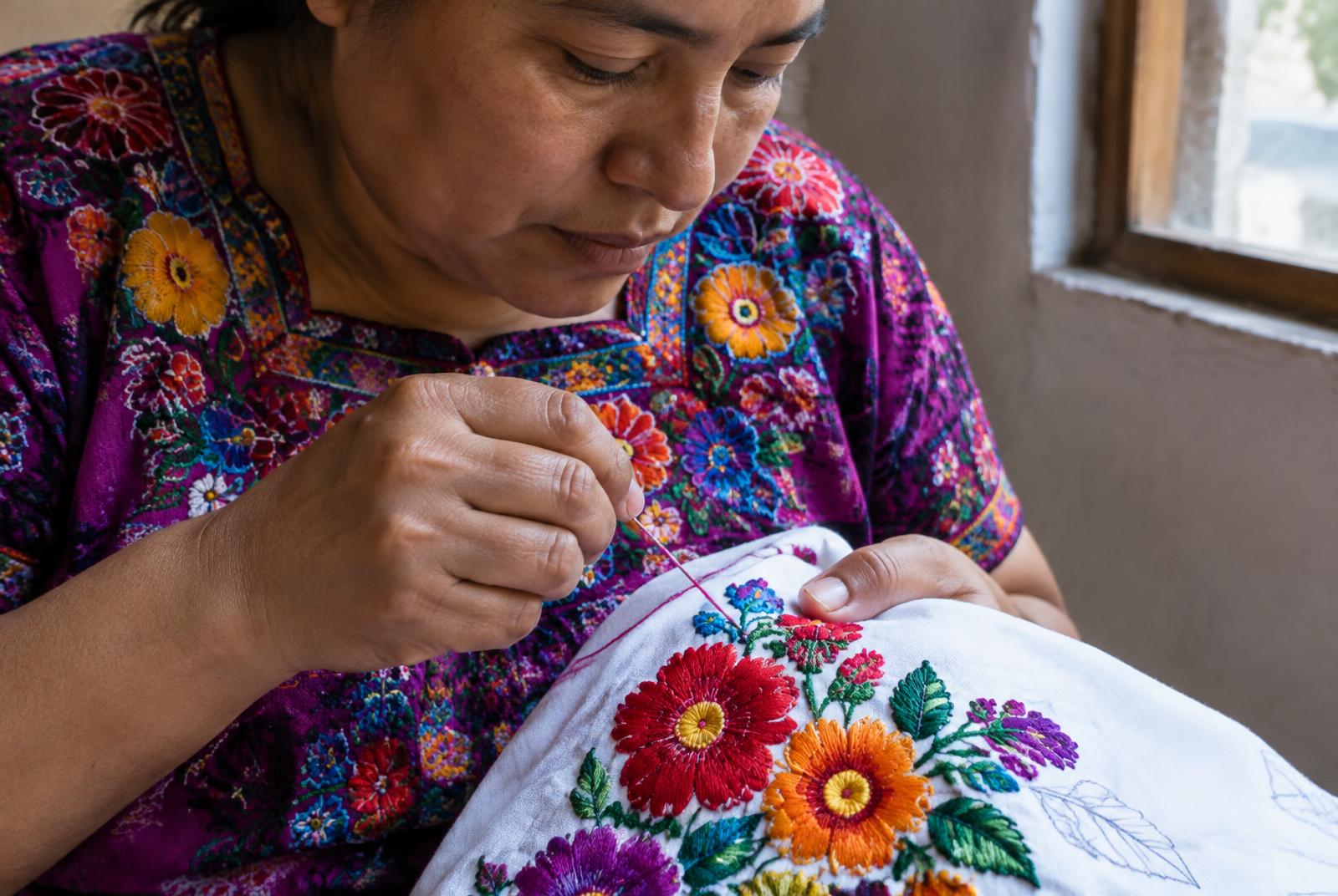 Artesana maya bordando flores a mano sobre tela blanca