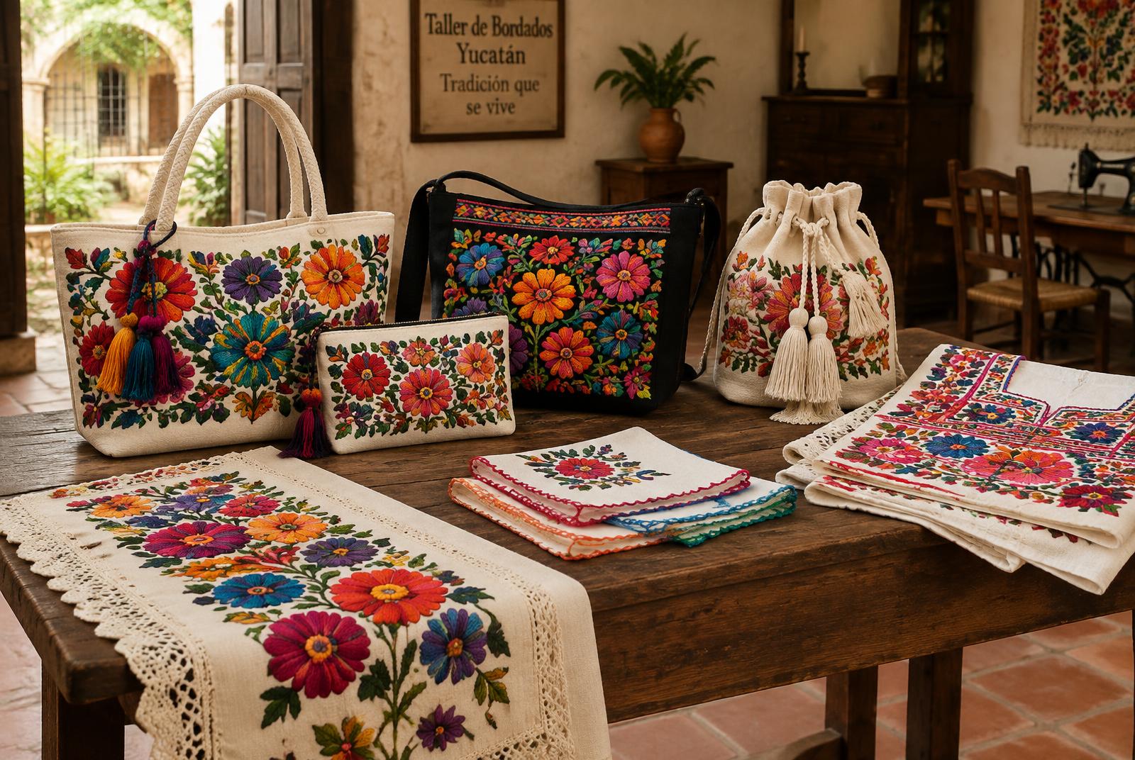 Colección de textiles bordados yucatecos sobre una mesa de madera