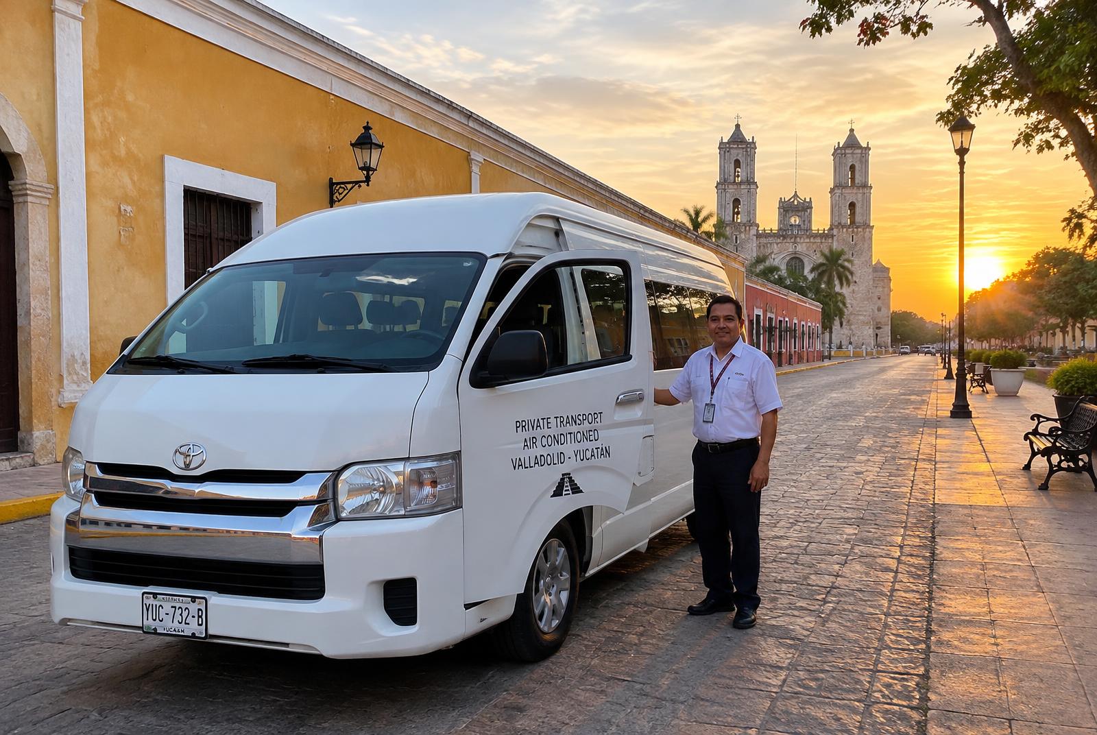 Camioneta privada con chofer frente a la catedral de Valladolid al amanecer