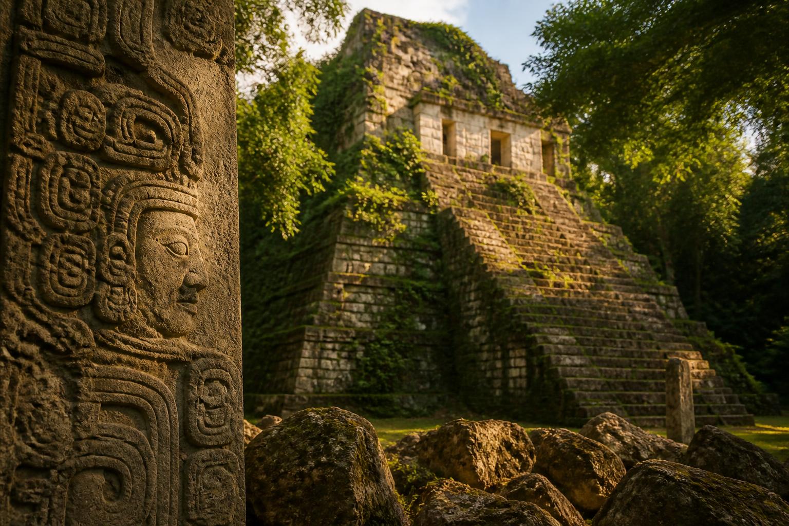 Templo pirámide maya cubierto de vegetación con piedras talladas y selva de fondo bajo la luz dorada de la mañana